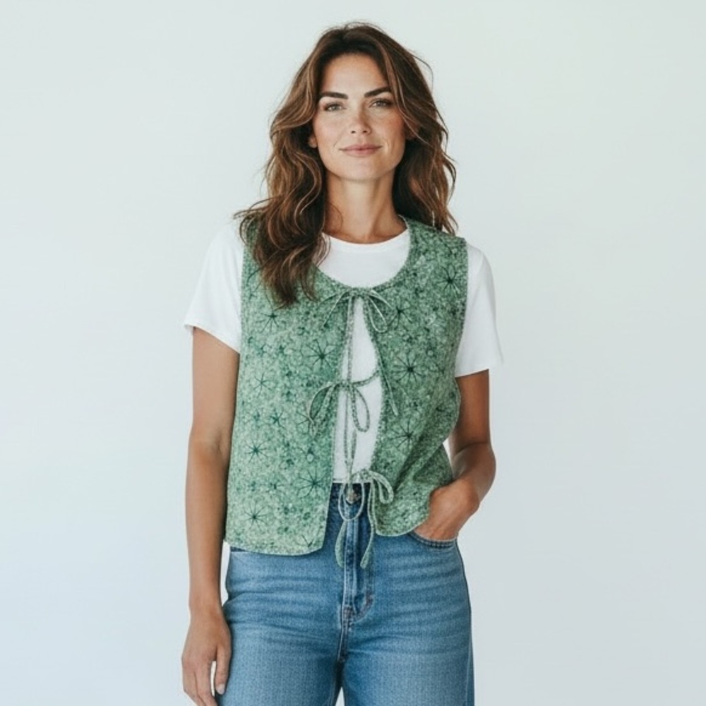 NWT J.HER Green Blue Mineral Washed Embroidered Floral Boho Tie Vest large